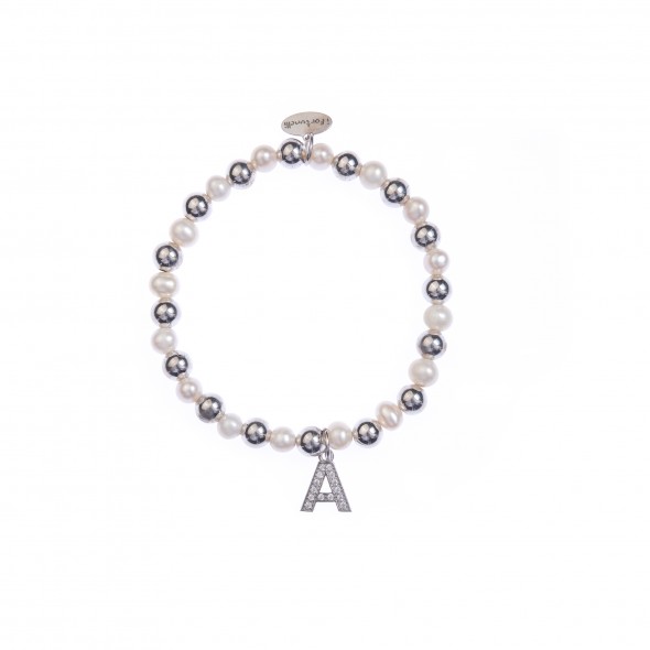 Bracciale argento e perle lettera A con sfere da 6 mm