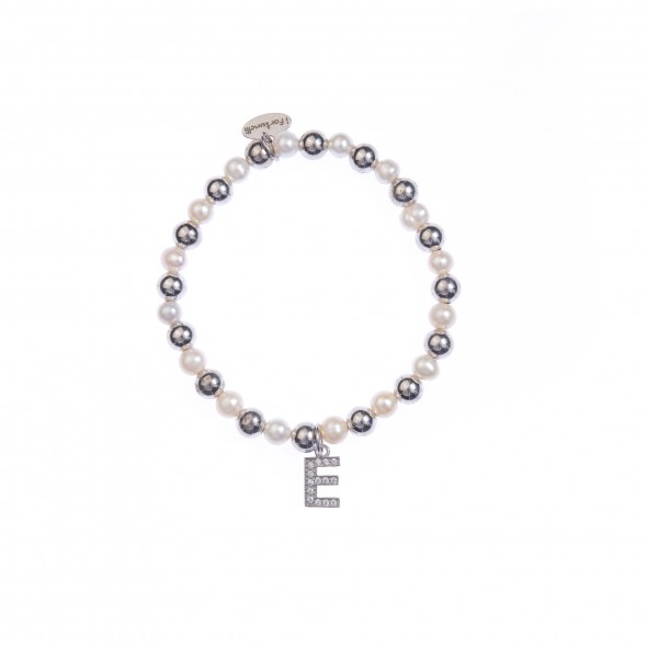 Bracciale argento e perle lettera E con sfere da 6 mm