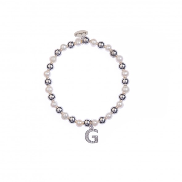 Bracciale argento e perle lettera G con sfere da 6 mm