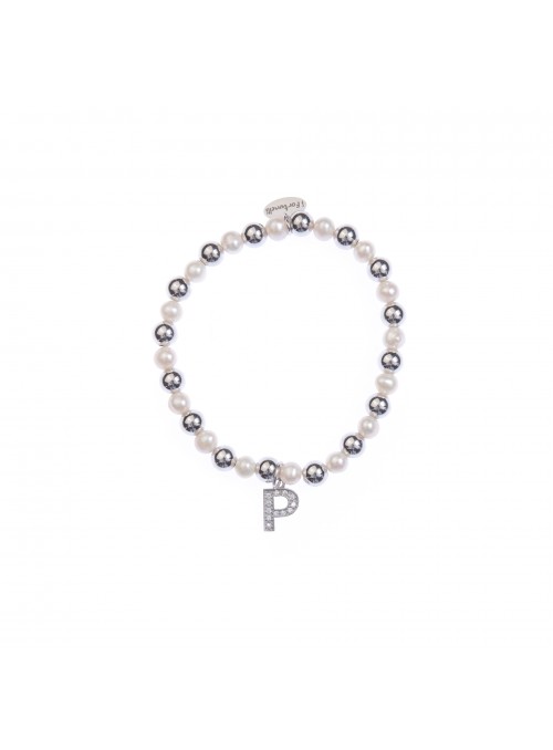 Bracciale argento e perle lettera P con sfere da 6 mm