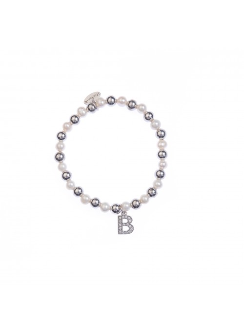 Bracciale Argento e Perle Lettera B con sfere da 6 mm